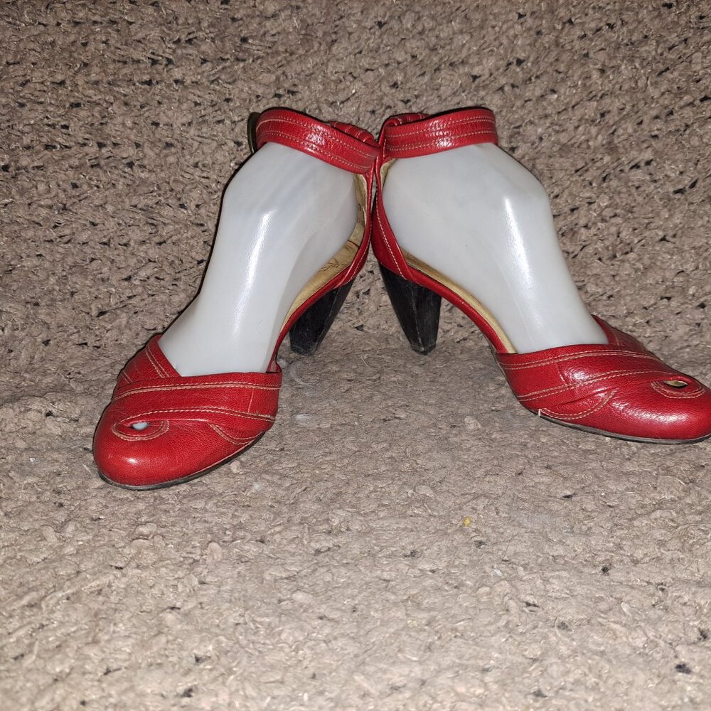 Vintage FLY GIRL/FLY LONDON-Red Leather Ankle Strap-Boho/Rockabilly-Sz 37-VG - Picture 4 of 8